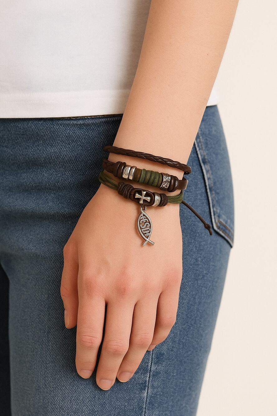 Jesus ICHTHUS Fish Charm Leather Adjustable Bracelet Set Boho Stack 6.5–7.5 in